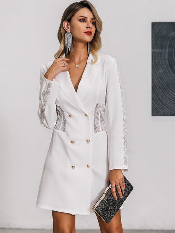 Glamaker Notch Collar Double Breasted Lace Insert Blazer Dress