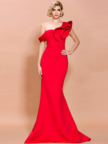 Missord Asymmetrical Neck Ruffle Trim Floor Length Prom Dress