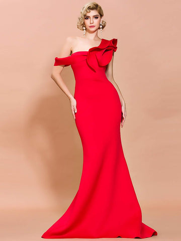 Missord Asymmetrical Neck Ruffle Trim Floor Length Prom Dress