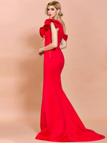 Missord Asymmetrical Neck Ruffle Trim Floor Length Prom Dress