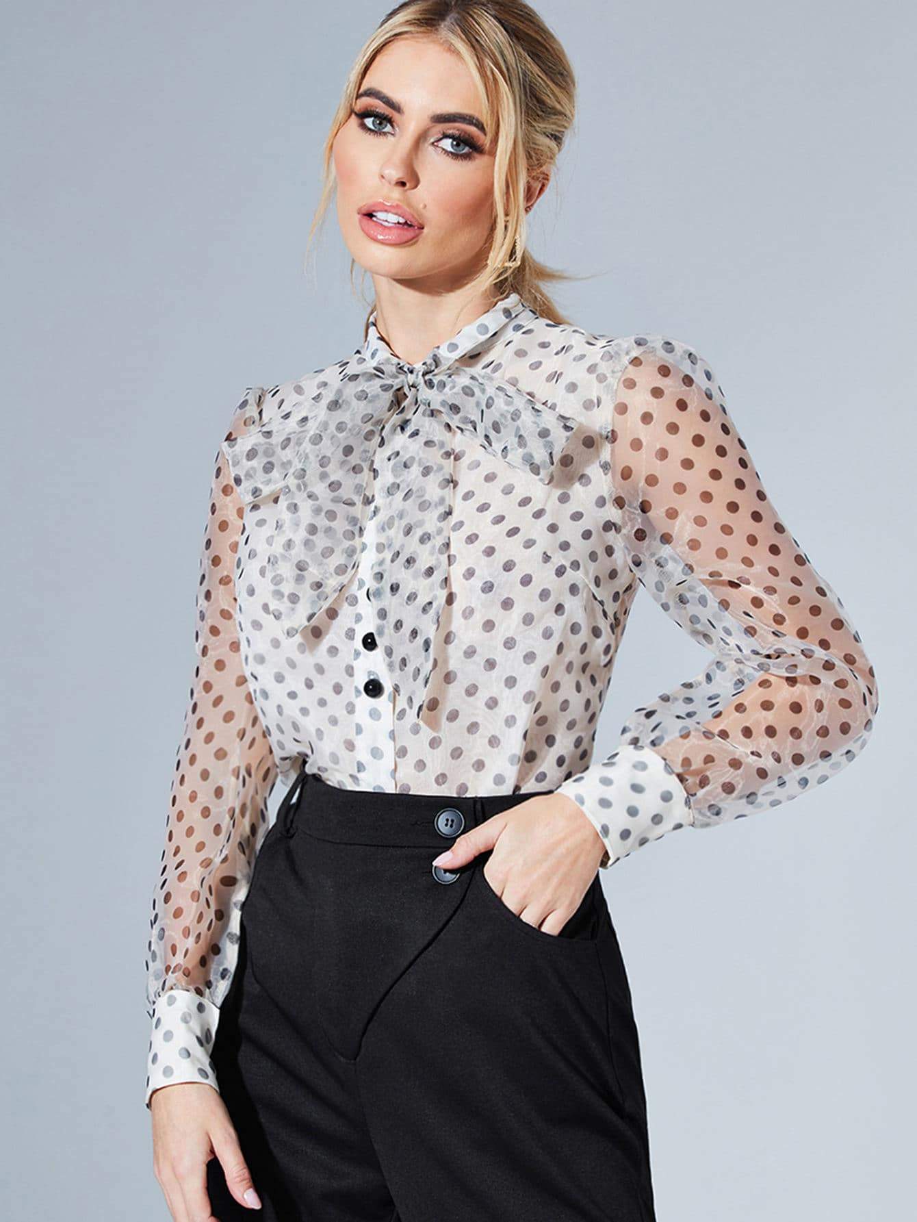 Polka Dot Organza Pussybow Blouse