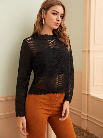 Guipure Lace Mock Neck Blouse