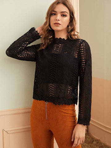 Guipure Lace Mock Neck Blouse