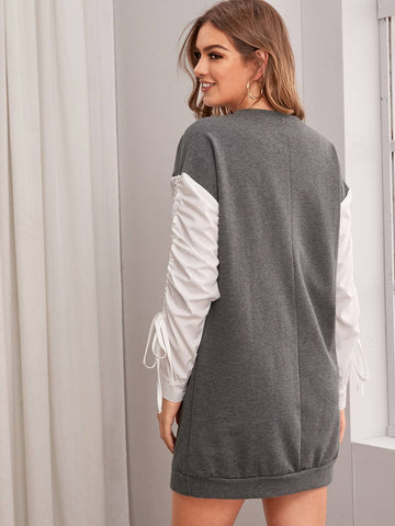 Letter Embroidered Contrast Sleeve Sweatshirt Dress