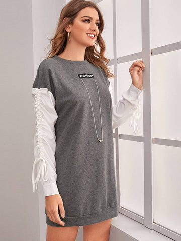 Letter Embroidered Contrast Sleeve Sweatshirt Dress