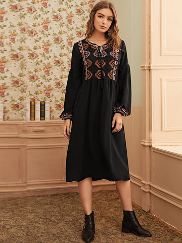 Tribal Embroidered Bishop Sleeve Smock Dress