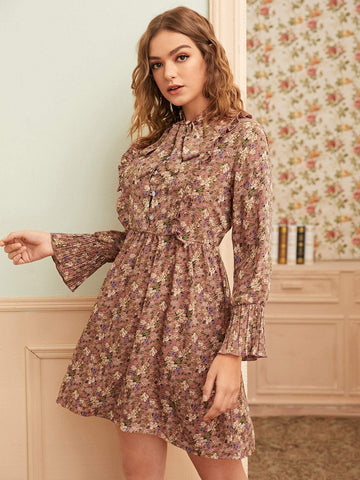 Floral Print Tie Neck Lettuce Frill A-line Dress