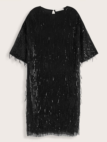 Sequin Fringe Keyhole Back Tunic Dress