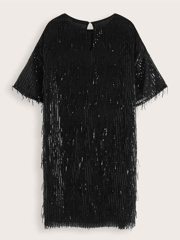 Sequin Fringe Keyhole Back Tunic Dress