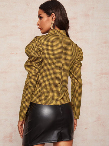 Houndstooth Pattern Puff Sleeve Blouse