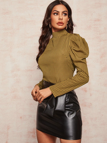 Houndstooth Pattern Puff Sleeve Blouse