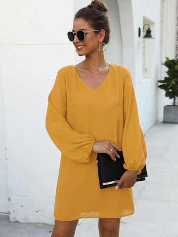 Solid V-neck Tunic Dress