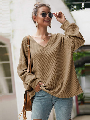 Solid V-Neck Drop Shoulder Jumper
