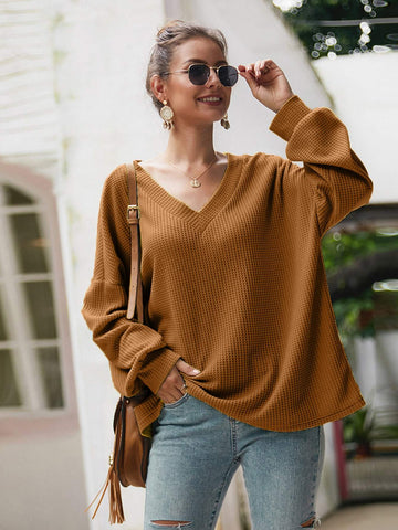 Solid V-Neck Drop Shoulder Jumper