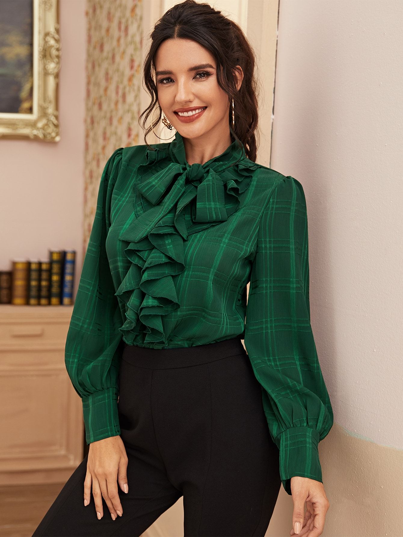 Tie Neck Ruffle Plaid Blouse
