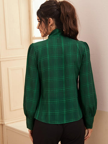Tie Neck Ruffle Plaid Blouse