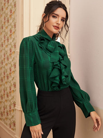 Tie Neck Ruffle Plaid Blouse