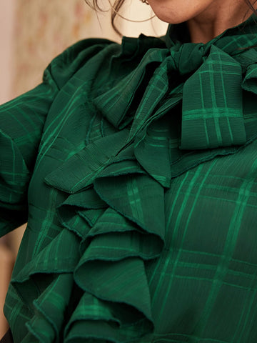 Tie Neck Ruffle Plaid Blouse