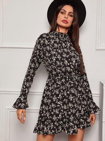 Floral Print Mock Neck Flounce Sleeve Dress