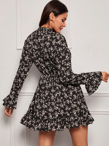 Floral Print Mock Neck Flounce Sleeve Dress
