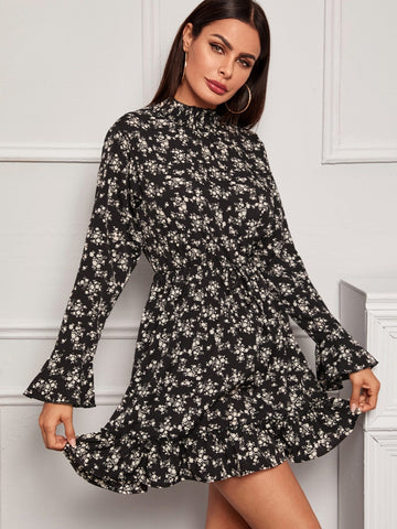 Floral Print Mock Neck Flounce Sleeve Dress