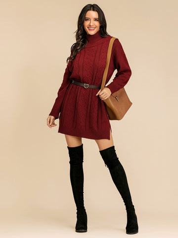 Solid Turtleneck Cable Knit Jumper Dress