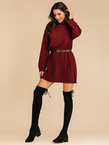 Solid Turtleneck Cable Knit Jumper Dress