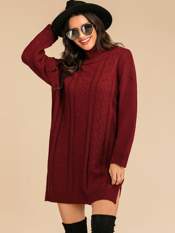 Solid Turtleneck Cable Knit Jumper Dress