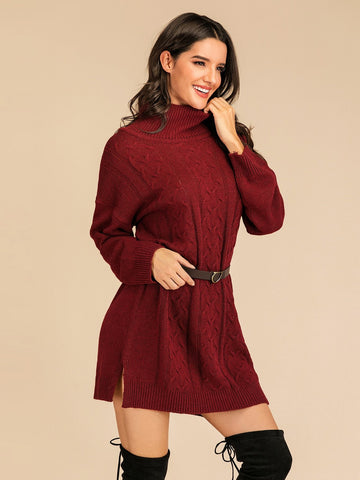 Solid Turtleneck Cable Knit Jumper Dress