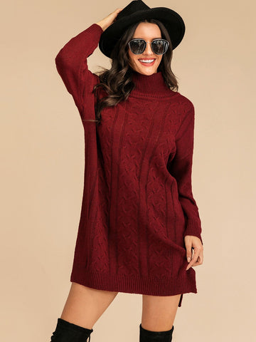 Solid Turtleneck Cable Knit Jumper Dress