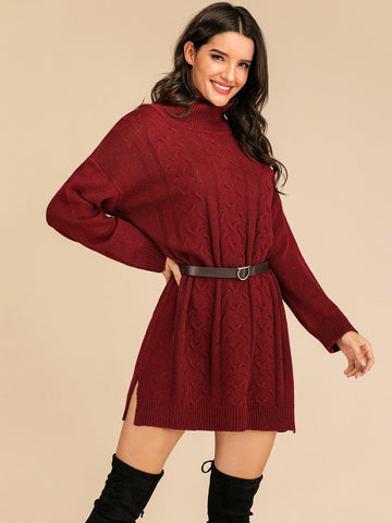 Solid Turtleneck Cable Knit Jumper Dress