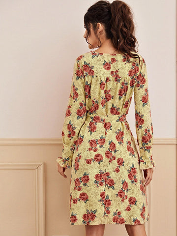 Floral Print V-Neck Belted Dress