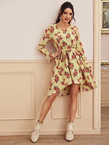 Floral Print V-Neck Belted Dress