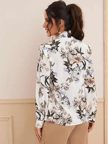 Floral Print Tie Neck Frill Trim Blouse