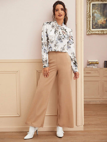 Floral Print Tie Neck Frill Trim Blouse