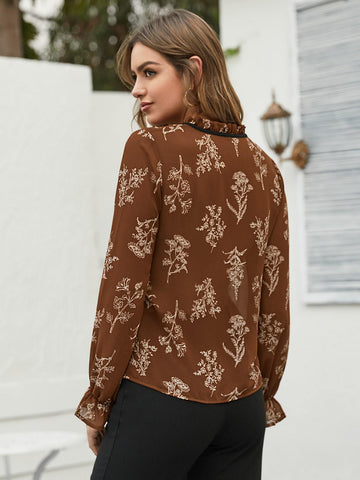 Plants Print Frill Tie Neck Chiffon Blouse