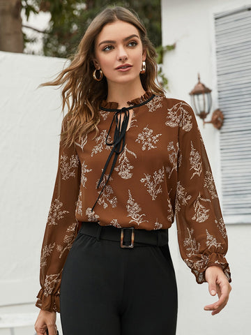 Plants Print Frill Tie Neck Chiffon Blouse