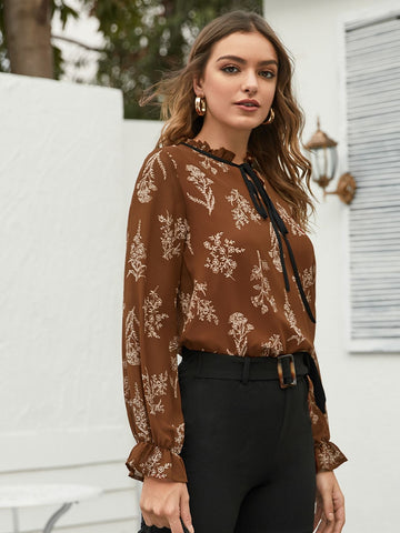 Plants Print Frill Tie Neck Chiffon Blouse