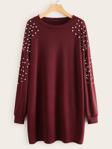 Pearls Beaded Drop Shoulder Tee Dress