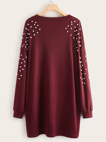 Pearls Beaded Drop Shoulder Tee Dress