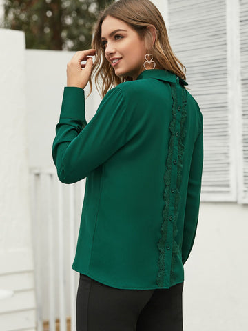 Contrast Lace Button Back Solid Blouse
