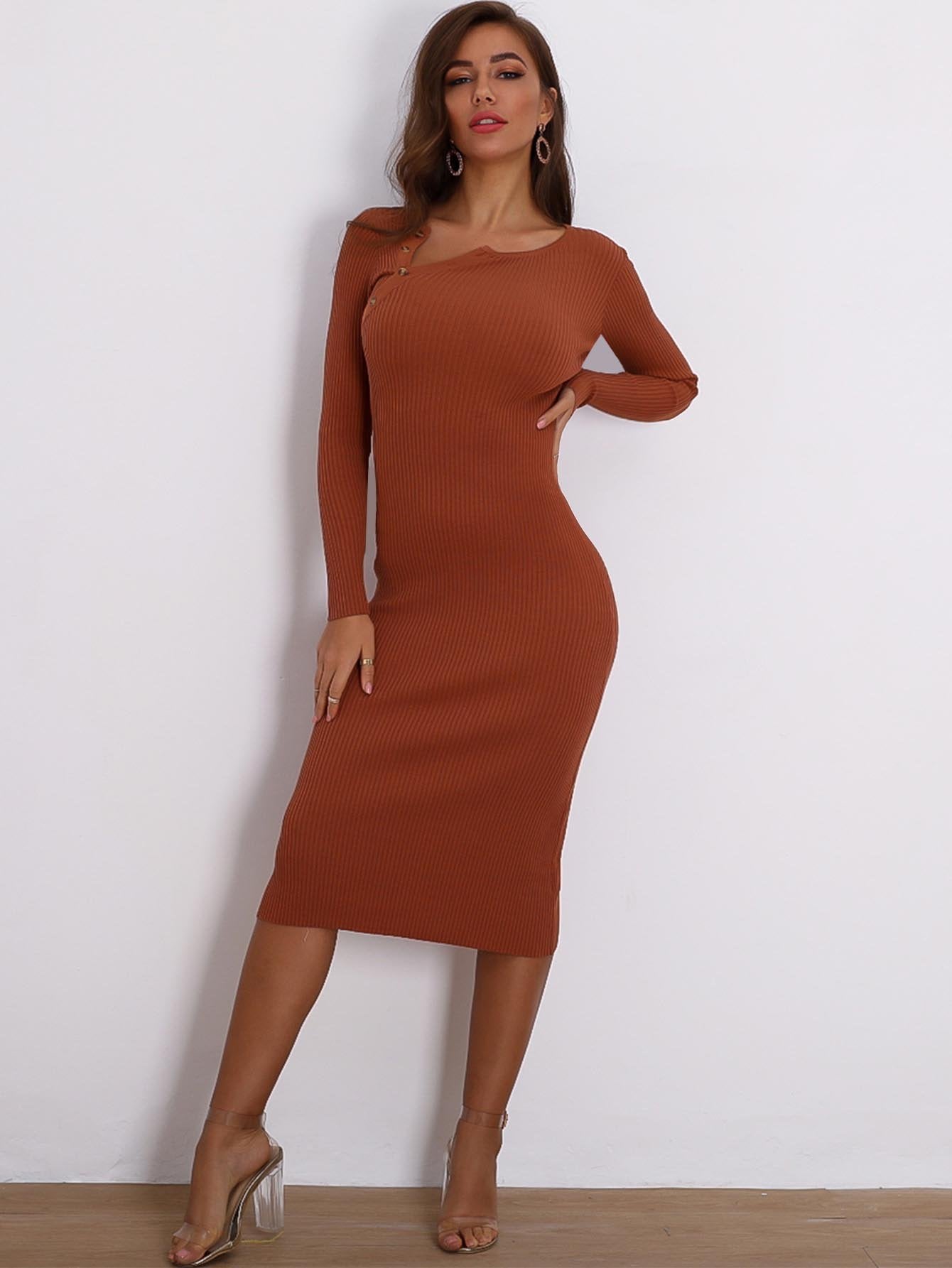 Joyfunear Button Detail Rib-knit Pencil Jumper Dress