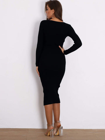 Joyfunear Button Detail Rib-knit Pencil Jumper Dress
