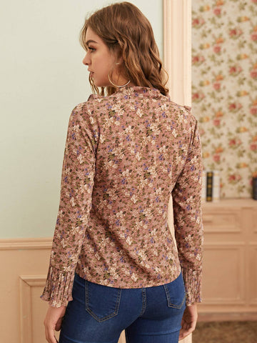 Floral Print Tie Neck Pleated Flounce Sleeve Blouse