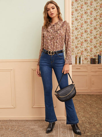 Floral Print Tie Neck Pleated Flounce Sleeve Blouse