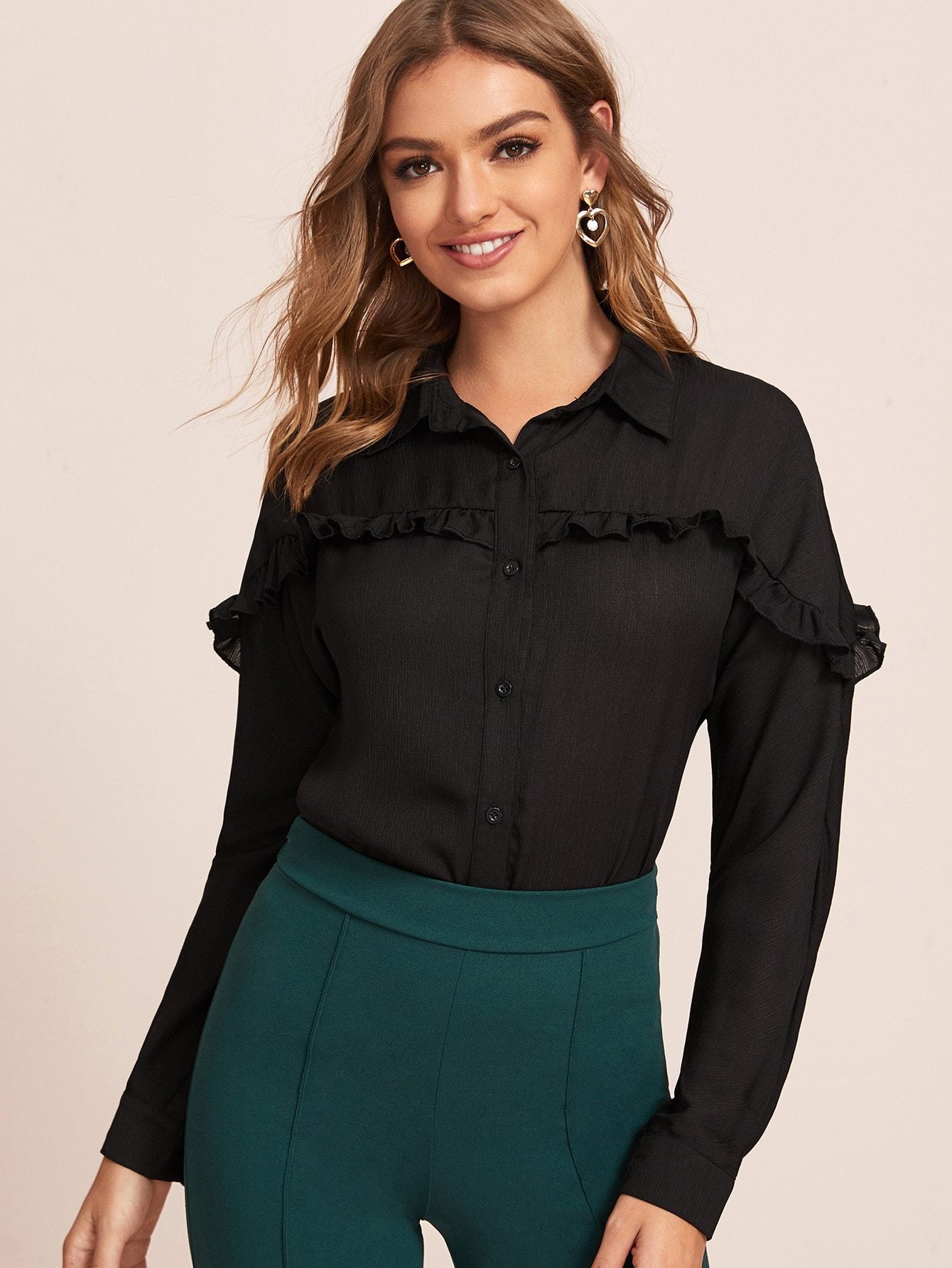 Button Front Frill Trim Blouse