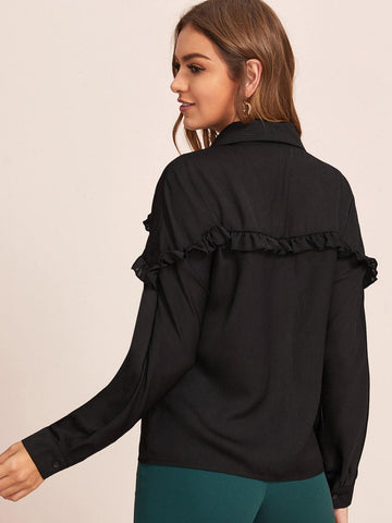 Button Front Frill Trim Blouse
