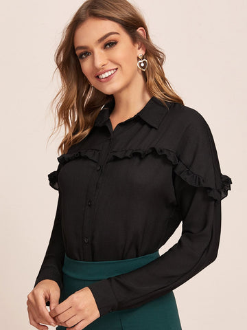 Button Front Frill Trim Blouse