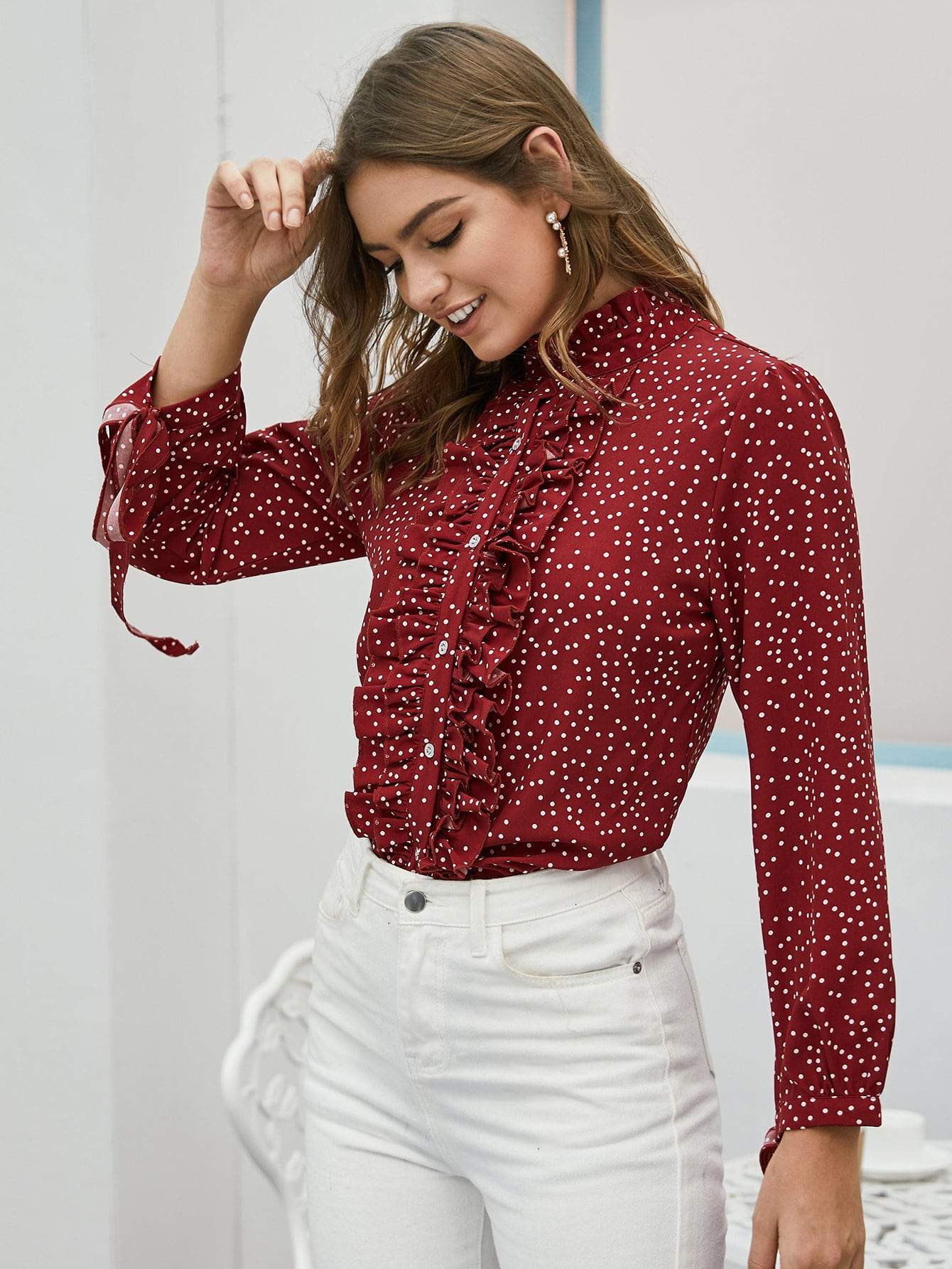 Allover Polka Dot Ruffle Blouse