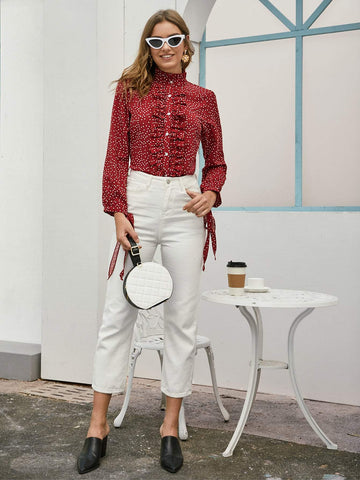 Allover Polka Dot Ruffle Blouse